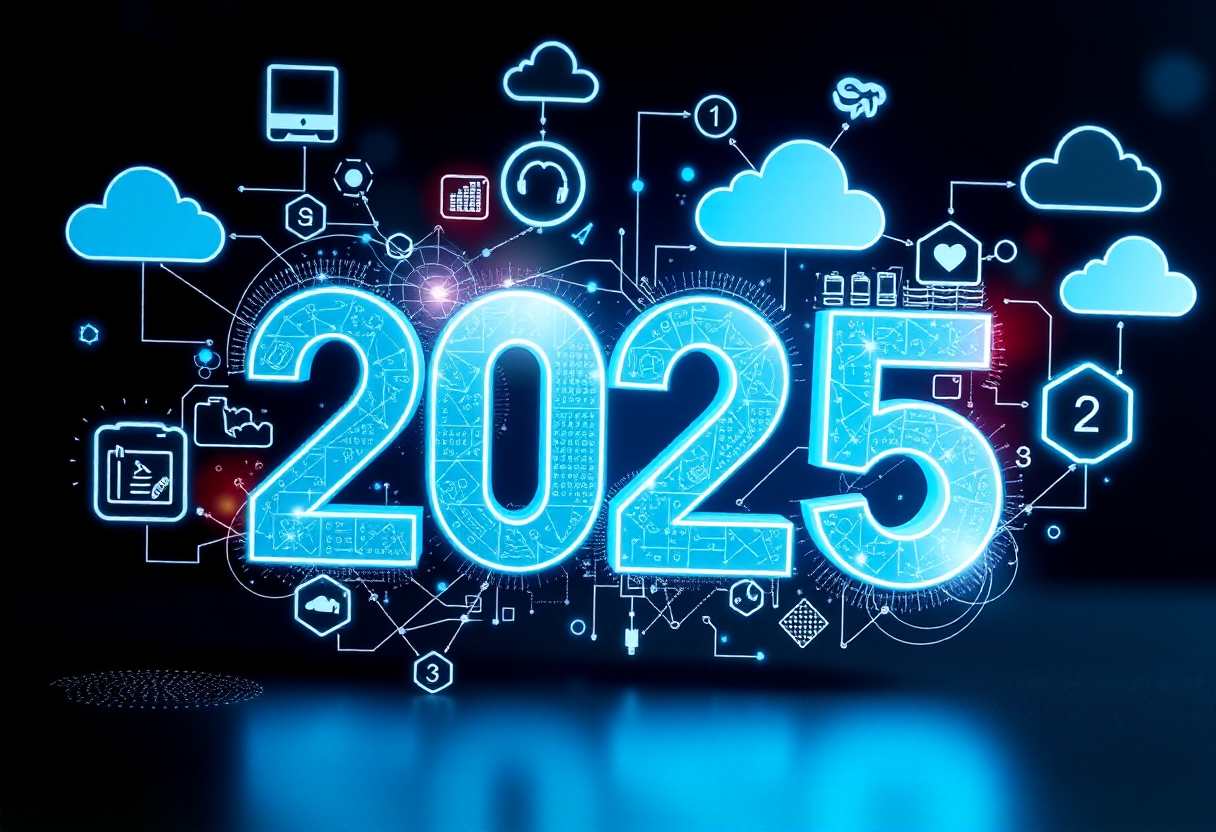 pourquoi-2025-croissance-ecommerce Un calendrier futuriste de 2025 entouré de symboles de transformation digitale, comme le cloud et des appareils.